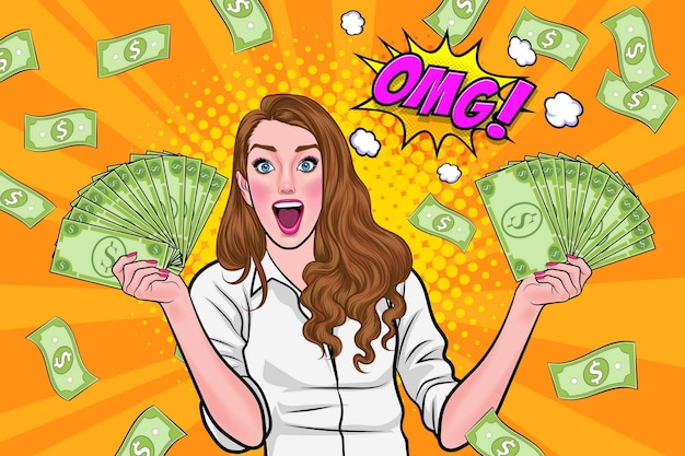 Surprise business woman successful and shocking with Falling Money say WOW Pop art retro comic style