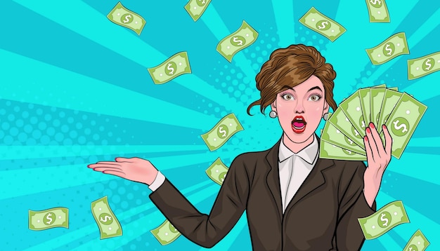 Surprise business woman successful and shocking with Falling Money say WOW Pop art retro comic style