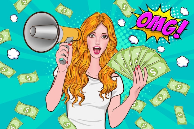 Surprise business woman successful and shocking with Falling Money WOW OMG Pop art retro comic style