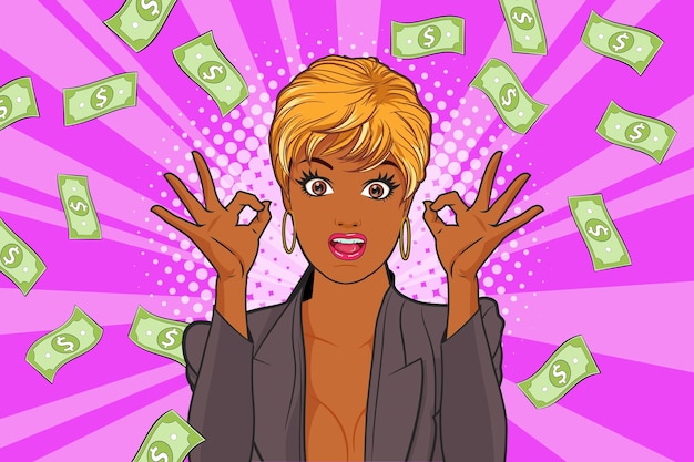 Surprise business woman successful with Falling Money say WOW OMG Pop art retro comic style