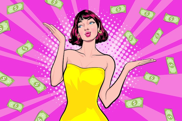 Surprise business woman successful with Falling Money say WOW OMG Pop art retro comic style