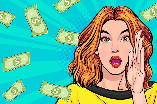 Surprise business woman successful with Falling Money say WOW OMG Pop art retro comic style