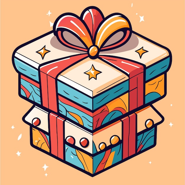 Surprise gift box with ribbon bow hand drawn flat stylish cartoon sticker icon concept isolated