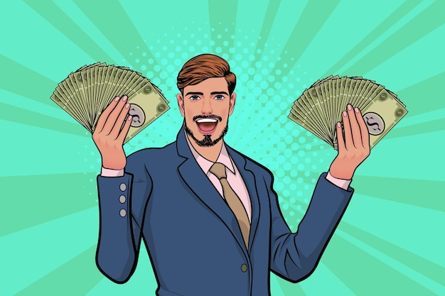 Surprised business man smile and show lot of money in hands  Pop Art Comic Style