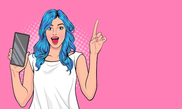 Surprised happy brunette woman showing blank smartphone screen and pointing while looking with open mouth over pink background Pop Art Comic Style