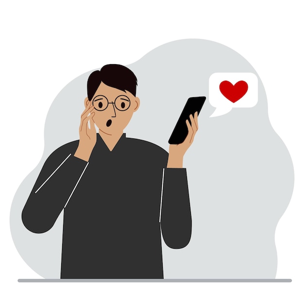 Surprised man reads a message on his mobile phone Message with red heart Vector