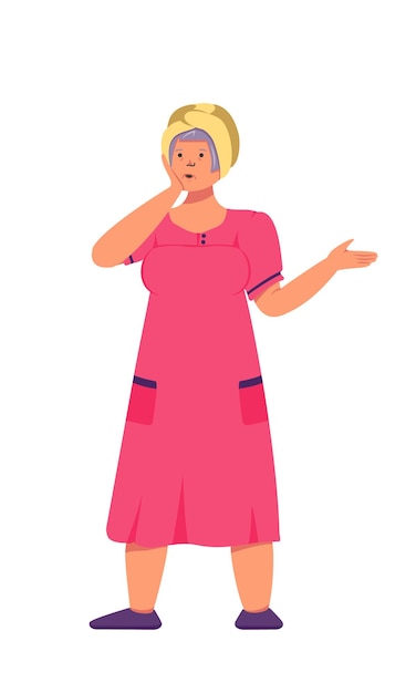 surprised old woman in a pink robe and a turban on her head.  flat cartoon illustration