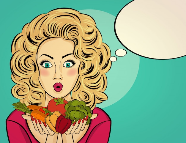 Surprised pop art  woman that holds vegetables  in her hands