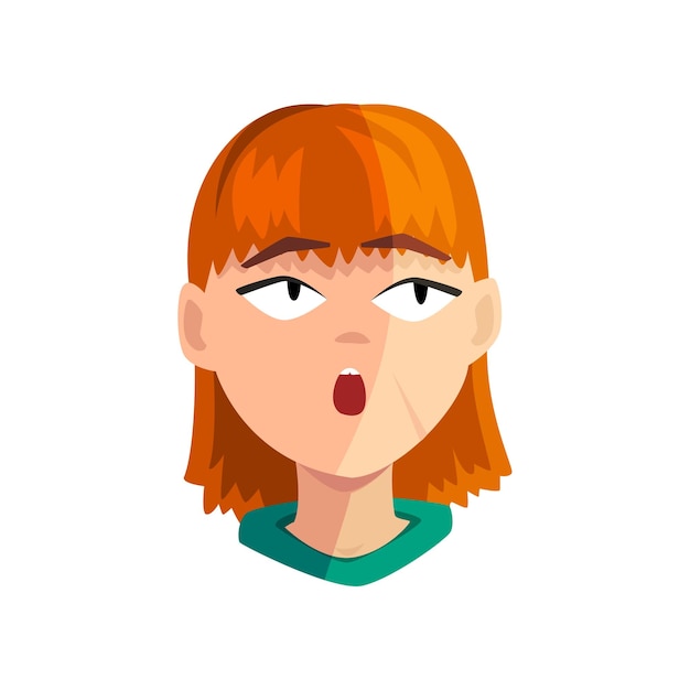 Surprised redhead girl female emotional face avatar with facial expression vector Illustration on a white background