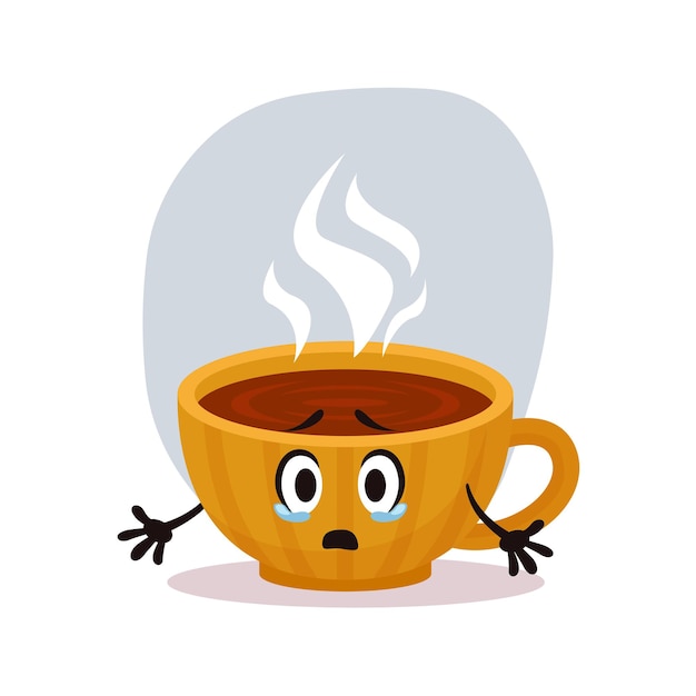 Surprised sad small yellow coffee cup. Hott winter drink in ceramic cup. Character for sticker and postcards. Vector illustration