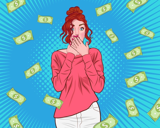 Surprised woman face shocking with close mouth by hands and Falling Down Money pop art comics style