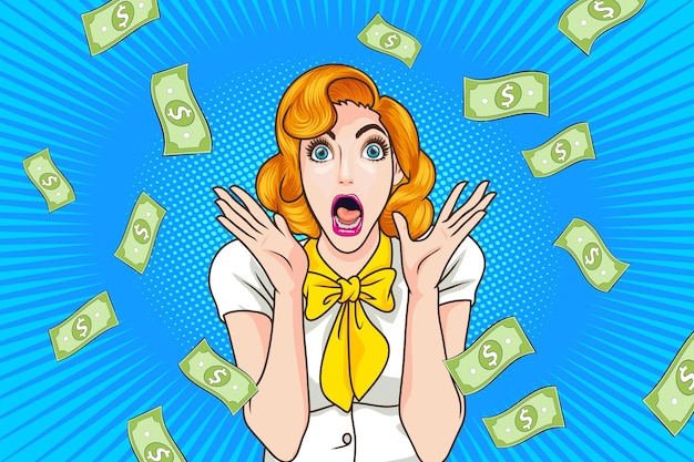 Surprised woman face wow with open mouth and Falling Down Money Pop art retro comic style