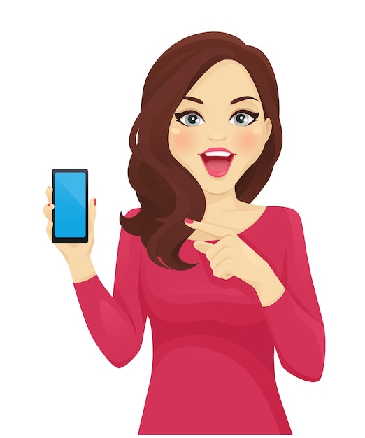 Surprised woman pointing at phone isolated vector illustration