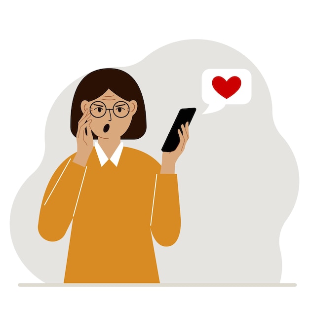 Surprised woman reads a message on his mobile phone Message with red heart Vector