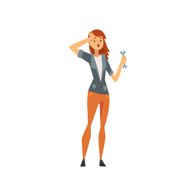 Surprised Woman Standing with Wrench Vector Illustration on White Background