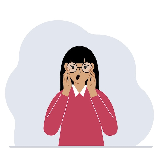 Surprised woman with glasses. Vision problem concept. Vector flat illustration