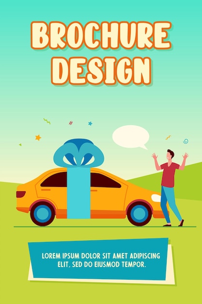 Surprised young man getting car as gift. Yellow vehicle, red ribbon, bow. Flat vector illustration