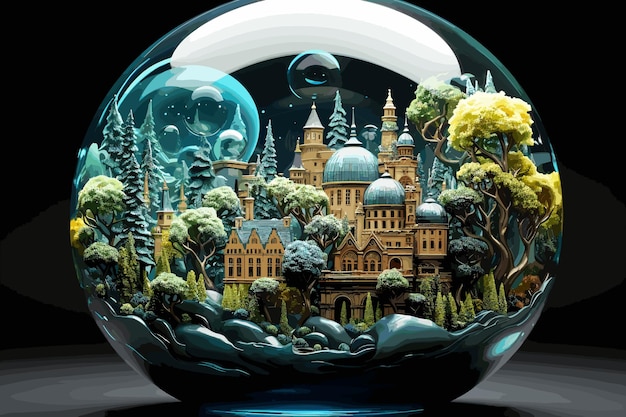 Vector surreal artistic image of fantasy world with a cute village and lovely grand castle in the centre