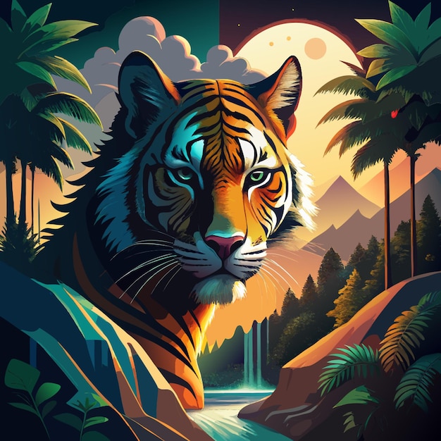 Vector a surreal digital art piece of a dualfaced of a tiger the face should be mixed of dark and misty