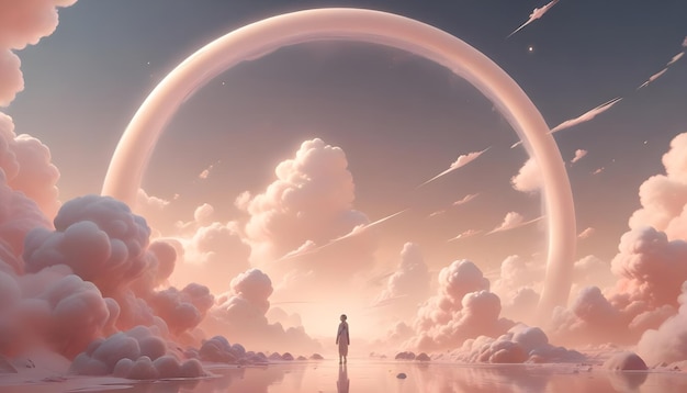 Vector a surreal and ethereal image of a single figure standing in a field of clouds beneath a giant ring in the sky creating a sense of solitude and wonder