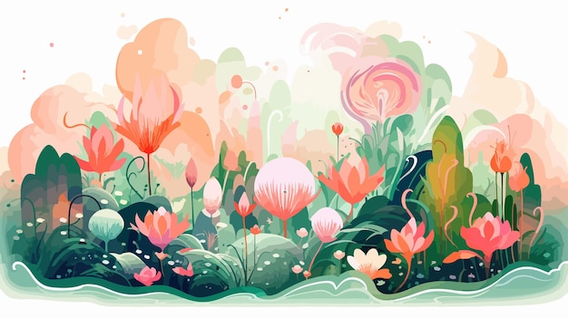 Vector surreal fantasy dreamland garden with lush vegetation