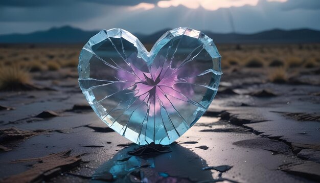 Vector a surreal image of a heartshaped crystal object with a pink glow inside placed on a rocky surface creating a symbolic representation of love vulnerability and the fragility of emotions