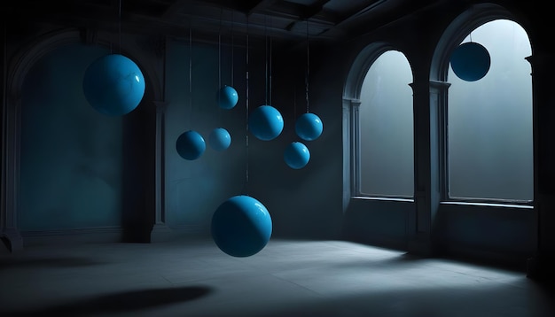 Vector surreal image of a room with high ceilings and arched windows blue spherical objects hang from the ceiling creating a sense of mystery and intrigue