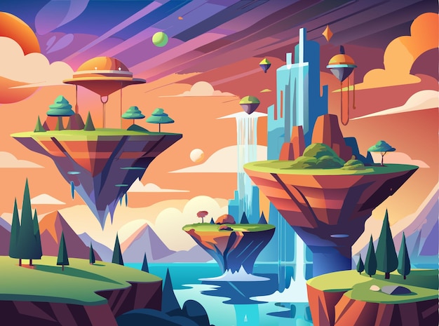 Vector a surreal landscape with floating islands cascading waterfalls and futuristic cities in the sky