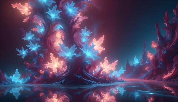 Vector a surreal landscape with glowing trees and a reflective pool of water