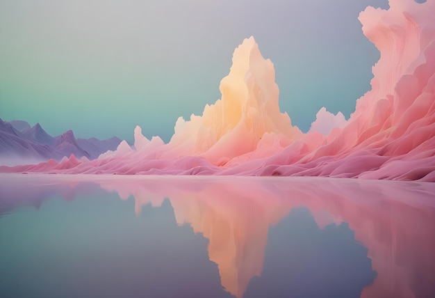 Vector surreal landscape with pastel pink and yellow rock formations reflected in calm water evoking a dreamlike and otherworldly atmosphere