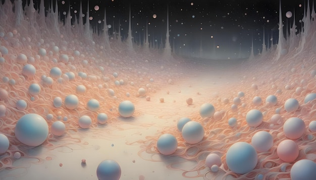 Vector a surreal landscape with pastelcolored spheres scattered across a fluffy pink terrain leading towards a distant cityscape under a starry night sky