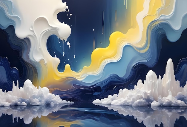 Surreal landscape with white crystallike formations and flowing abstract waves of blue yellow and white paint