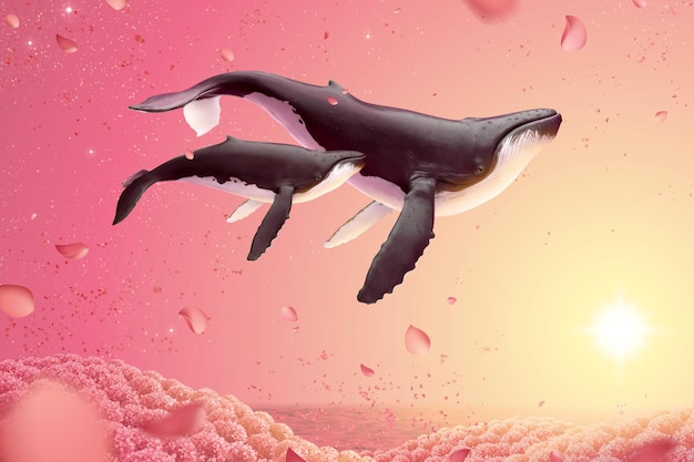 Surreal scene of humpback whales swimming in romantic floral fields, 3d illustration