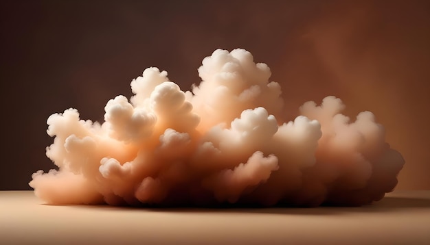 Surreal scene of a large fluffy cloud in shades of pink and beige resting on a beige surface against a brown background