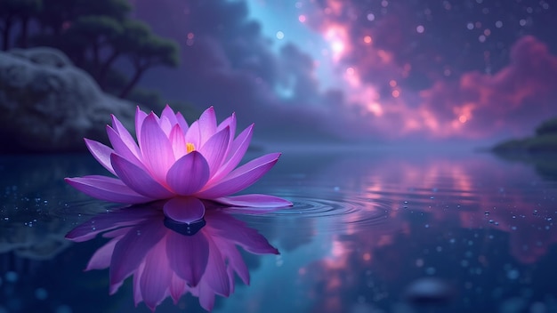 Surreal scene with blue lotus and cosmic background