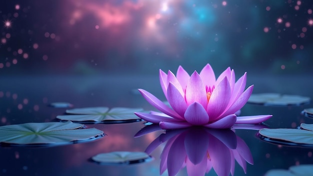 Surreal scene with blue lotus and cosmic background