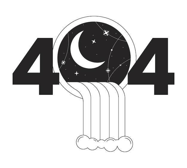 Surreal waterfall coming out window black white error 404 flash message Crescent moon Monochrome empty state ui design Page not found popup cartoon image Vector flat outline illustration concept