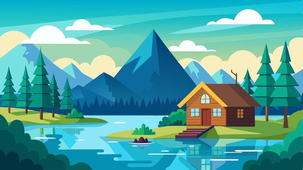 Vector surrounded by a lush forest a quaint cabin with a thatched roof stands by the shore of a crystalclear lake