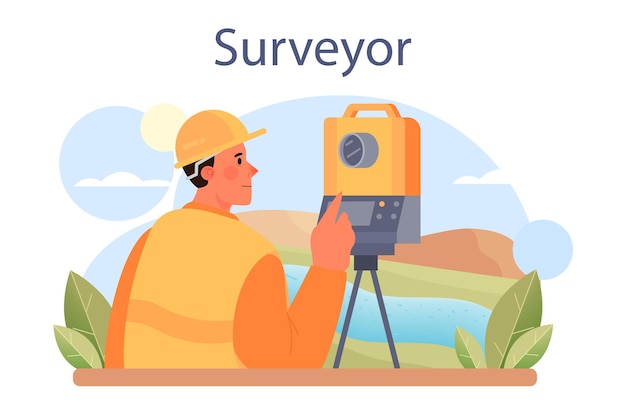 Surveyor concept. Land surveying technology, geodesy science. Construction business, mapmaking and real estate project. People with compass, map and topographic equipment. Flat vector illustration