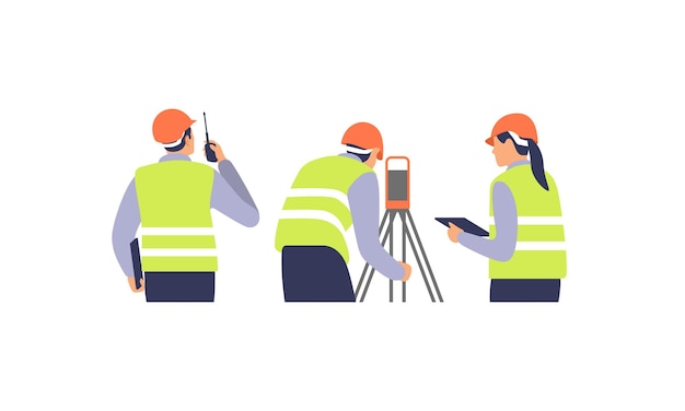 Vector surveyor engineers with equipment on the construction site vector illustration