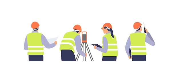 Surveyor engineers with equipment theodolite or total positioning station on the construction site