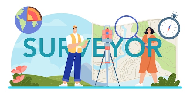 Surveyor typographic header. Land surveying technology, geodesy