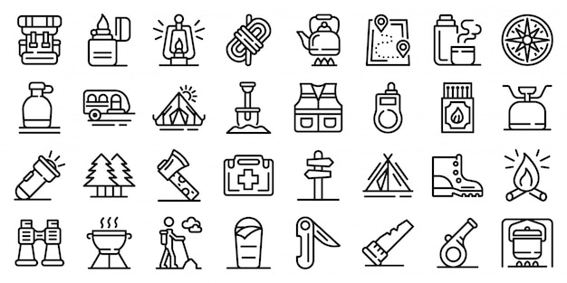 Survival icons set, outline style