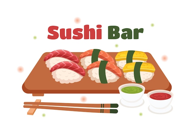 Sushi Bar Japan Asian Food Template Hand Drawn Cartoon Flat Illustration