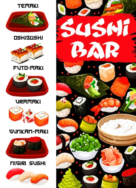 Sushi bar japanese food menu cover vector