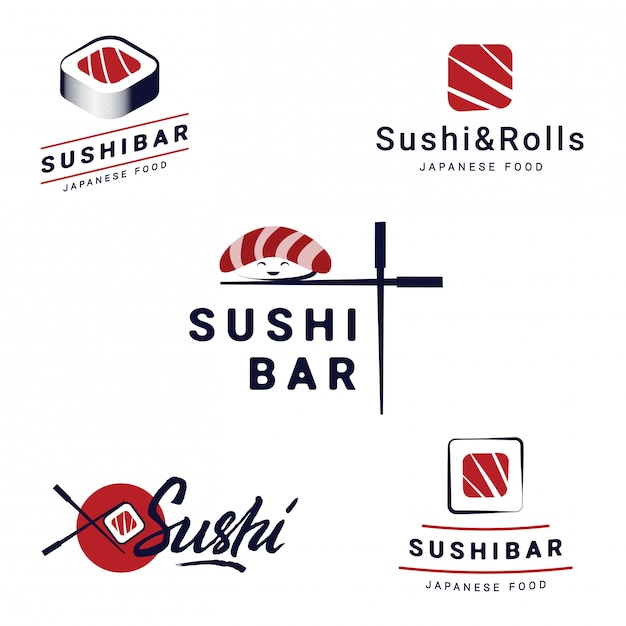 Sushi Bar Logos Templates Set. Vector objects and Icons for Restaurants of Japanese Food