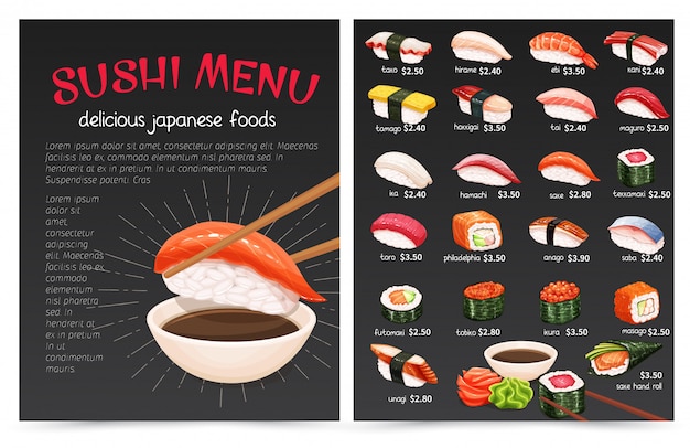  sushi bar munu. Japanese food illustration for sushi rolls shop.