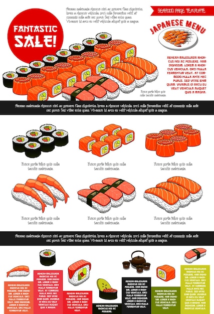 Sushi bar vector menu template of Japanese cuisine