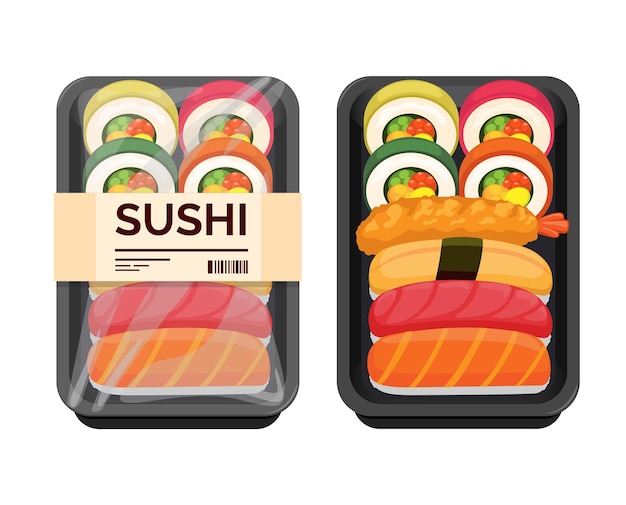 Sushi Bento Japanese Food set rice box packaging cartoon illustration vector