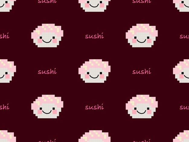 Sushi cartoon character seamless pattern on red background Pixel style